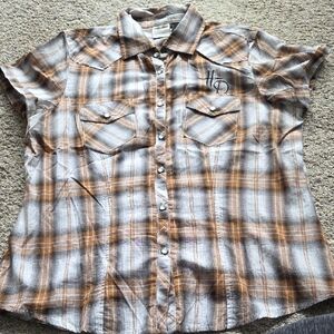 Harley-Davidson Brown and White Plaid Short-Sleeve Button-Up Top